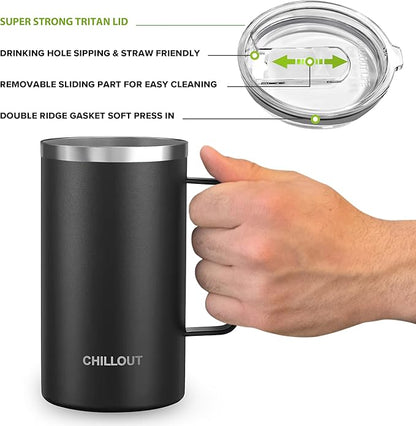 CHILLOUT LIFE Stainless Steel Vacuum Insulated Coffee Mug 20 oz (Set of 2) with Handle and Lid, Large Thermal Camping Coffee Mugs with Sliding Lid for Men & Women, Keeps Your Beverages Hot & Cold