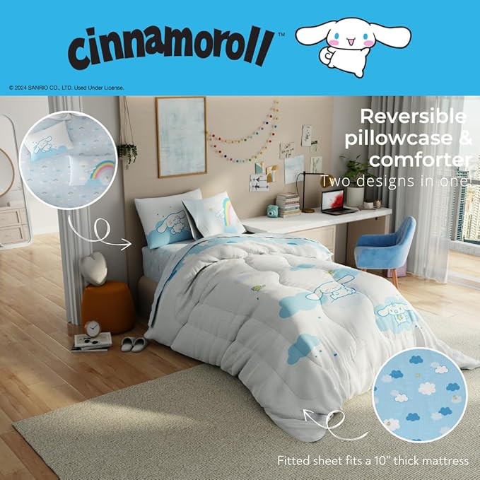 Cinnamoroll Bedding - 5 Piece Full Size Bed Set - Super Soft Microfiber Comforter and Sheet Set, (Officially Licensed Product) by Franco Collectibles