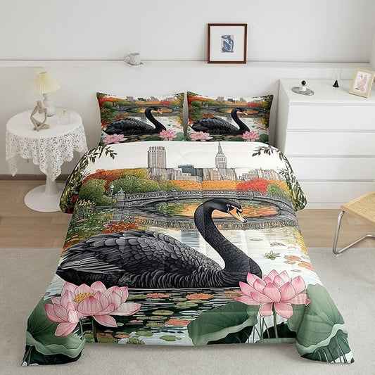 Manfei Black Swan Kids Twin Comforter Sets,Wild Birds Pond Reversible Bedding Set for KidsChildren,Watercolor Lotus Flowers Leaves 2 Pieces Quilt Sets,Modern City Landscape Duvet Insert,1 Pillow Case