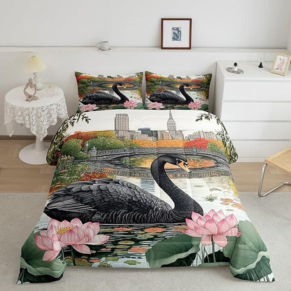 Black Swan Kids Full Comforter Sets,Wild Birds Pond Reversible Bedding Set for KidsChildren,Watercolor Lotus Flowers Leaves 3 Pieces Quilt Sets,Modern City Landscape Duvet Insert,2 Pillow Cases