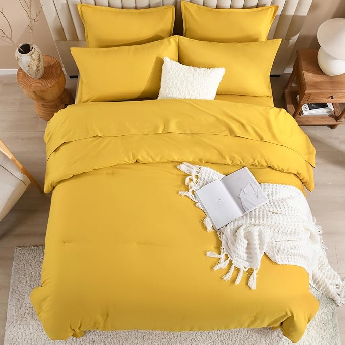 Litanika Comforter King Size Set Mustard Yellow - 7 Pieces Bed in a Bag King Bedding Comforter Sets, Plain Lightweight Bed Set with Comforter, Sheets, Pillowcases & Shams