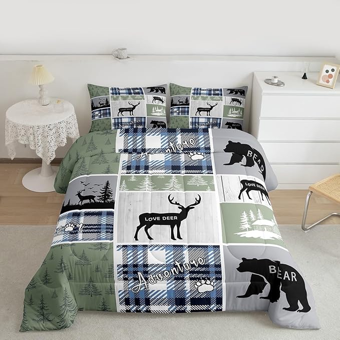 Rustic Cabin Comforter Set, Hunting Bear Deer Bedding Sets Queen, Forest Animal Wildlife Duvet Insert Cabin Decorations For Home, Country Farmhouse Plaid Grid Claw Down Comforter With 2 Pillow Cases