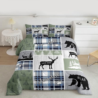 Rustic Cabin Comforter Set, Hunting Bear Deer Bedding Sets Full, Forest Animal Wildlife Duvet Insert Cabin Decorations For Home, Country Farmhouse Plaid Grid Claw Down Comforter With 2 Pillow Cases