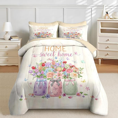 Nesker 7 Pcs Spring Comforter Set Full Size, Floral Butterflies Bedding Set for Kids and Adults, Pastel Flower Bed Sheet Sets with Fitted Sheet 2 Pillowcases & 2 Shams
