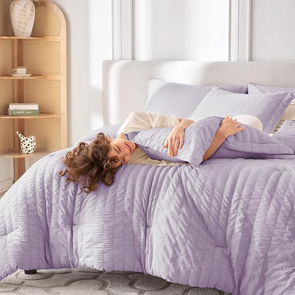 MUXHOMO 5 Pieces Twin Comforter Set, Seersucker Bed in a Bag Twin Size, All Season Luxury Bedding Set with Comforter, Flat Sheet, Fitted Sheet, Pillowcase & Sham, Lavender