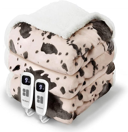 Cow Print Electric Heated Blanket Queen-Dual Control Heating Blanket Queen Size with 10 Heat Levels & 10 Hours Auto-Off, Cozy Soft Fleece Sherpa, Washable, 84x90 Inche Cow Print Light Coral