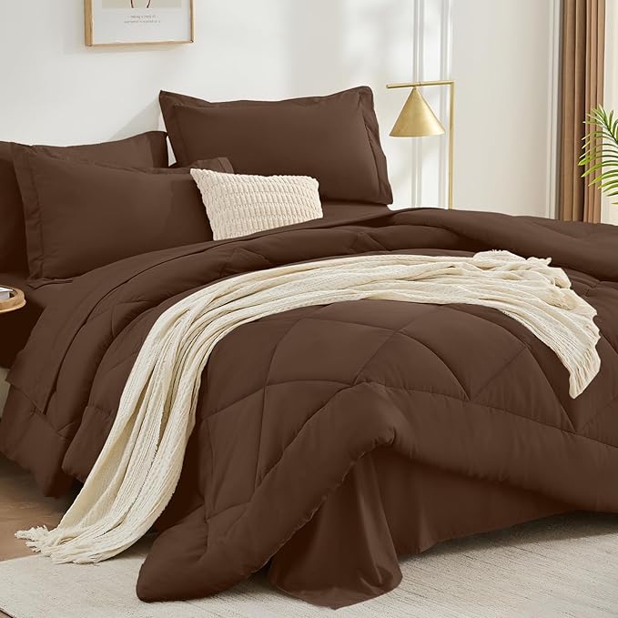 FUANNA 7 Pieces King Size Comforter Set, All Season Bed in a Bag King Size, Luxury Soft Bedding Sets with Comforter, Flat Sheet, Fitted Sheet, Pillowcases & Pillow Shams, Dark Brown
