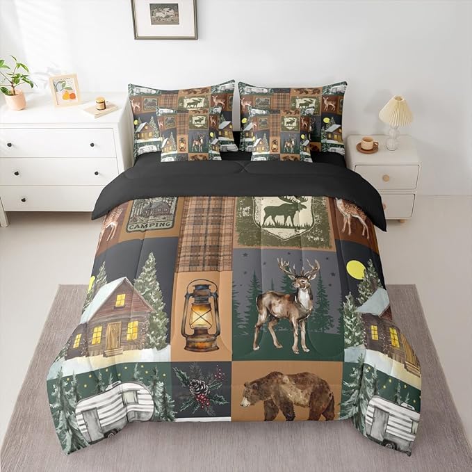 Erosebridal Hunting Bear 7 Piece Comforter Set Full Rustic Farmhouse Bedding Sets for Kids Teens Cabin Decor Vintage Barn Woodland Animals Moose Sheet Set Retro Buffalo Plaid Camper Quilt Brown