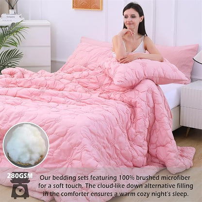 Pink Pinch Pleat Comforter Set King Size-7 Pieces Bedding Comforter Bed in A Bag-Lightweight Microfiber Bedding Set with Comforter,Fitted Sheet,Flat Sheet and Pillow Shams-104 x90