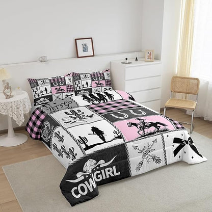 Western Cowgirl Kids Comforter Set Twin Size,Cactus Horseshoe Cowgirl Boot Rustic Bedding Set,Girls Women Room Decor,Bow Cow Skull Patchwork Down Comforter,Pink Fashion Duvet Insert,1 Pillowcase