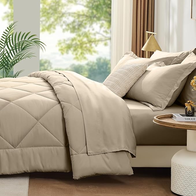 FUANNA 7 Pieces Full Size Comforter Sets, All Season Bedding Sets Full Size, Luxury Soft Bed in a Bag with Comforter, Flat Sheet, Fitted Sheet, Pillowcases & Pillow Shams, Oatmeal