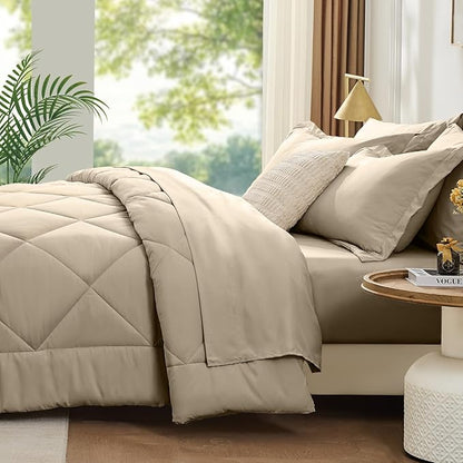 FUANNA 7 Pieces California King Size Comforter Set, All Season Bed in a Bag Cal King Size, Luxury Soft Bedding Sets with Comforter, Flat Sheet, Fitted Sheet, Pillowcases & Pillow Shams, Oatmeal