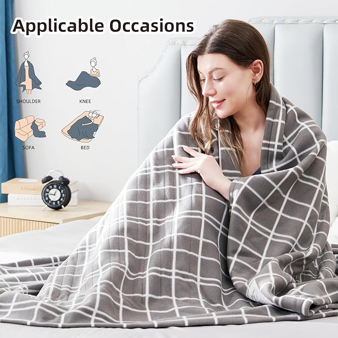 Electric Heated Blanket Queen Size 84"x90", Dual Controllers & Heating Zones, Soft Fleece for Bed, 10 Hs Auto Off & 4 Heating Levels, Machine Washable, Gifts for Family-Plaid Pattern, Light Gray