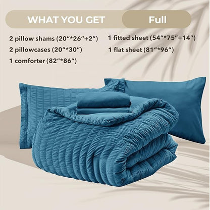 HYMOKEGE Teal Full Size Comforter Sets Seersucker 7 Pieces, All Season Luxury Bed in a Bag for Bedroom, Bedding Set with Comforters, Sheets, Pillowcases & Shams