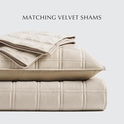 EVERGRACE 3 Pieces Luxurious Velvet Quilt Queen Size, Ultra Soft Bedspread Coverlet Set, Double Box Stitch Lightweight Velvet Comforter for All Season with 2 Shams, Beige, 92"x96"