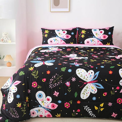 Kids Butterfly Comforter Set Full Size for Girls Black 7 Piece Bed in A Bag Colorful Flowers Leaves Bedding Set for Teens Super Soft All Season