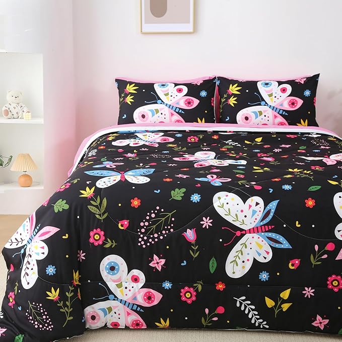 Girls Butterfly Comforter Set Twin Size Black 7 Piece Bed in A Bag Colorful Flowers Leaves Bedding Set for Kids Teens Super Soft All Season