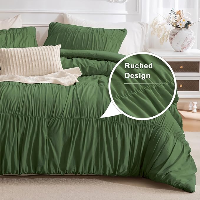 Masaca Oversized King Comforter 128"x120",Olive Green Ruched Shabby Boho Chic Bedding Comforter Set,3 Pieces Soft Lightweight Dark Green Ruffle Farmhouse Bedding Set Extra Large