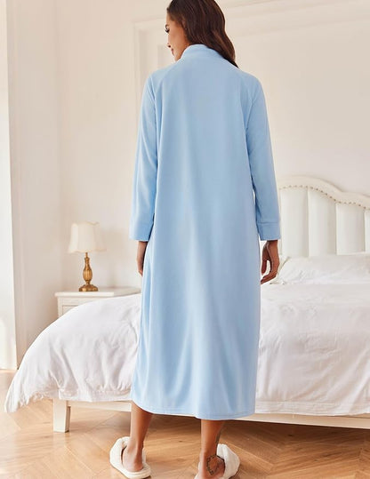 Ekouaer Women Zipper Robe Long Sleeves House Coat Soft Bathrobe Sleepwear with Pockets Housecoat Loungewear