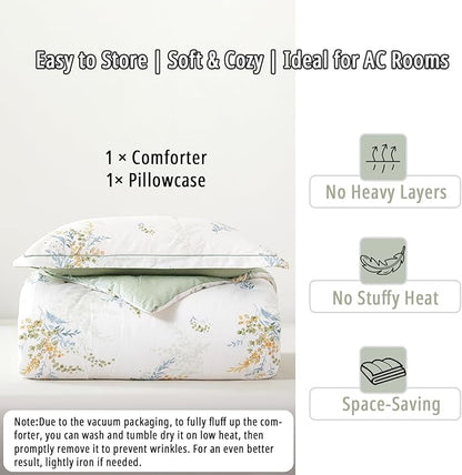 White Cotton Comforter Twin Size 2Pcs - Blue Branches & Orange and Green Buds on White, Chevron Sage Green Back, Reversible Lightweight Bedding Sets with Soft Fill(1 Comfoter, 1 Pillowcase)