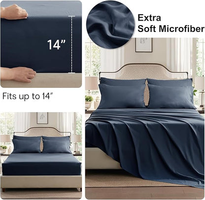 Anluoer Navy Blue King Comforter Set 7 Pieces, Bed in a Bag with Sheets, All Season Bedding Sets with 1 Comforter, 2 Pillow Shams, 2 Pillowcases, 1 Flat Sheet, 1 Fitted Sheet