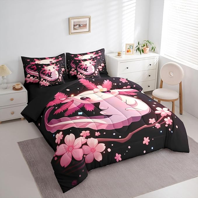 Erosebridal Cartoon Axolotl 7 Piece Comforter Set Full | Wildlife Cherry Blossom Japanese Bed in A Bag Underwater World Pink Salamander Sheet Set Ocean Animal Fitted Sheet Breathable Lightweight