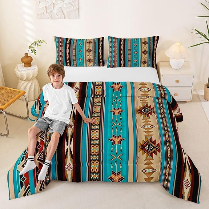 Aztec Bedding Set Ethnic Tribal Arrow Queen Comforter Set,Vintage Southwestern Native Bohemian Quilt,Western Star Duvet Insert Exotic Geometric Diamond Stripes Room Decor,Teal Blue and Brown