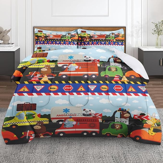Vintage Car Lion Comforter Set for Kids Toddlers Teens Adults Queen, City Tractor Fire Bedding Sets Water Washed Microfiber Bedding with 1 Comforter 2 Pillowcase All Season