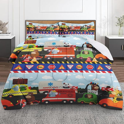 Vintage Car Lion Comforter Set for Kids Toddlers Teens Adults Queen, City Tractor Fire Bedding Sets Water Washed Microfiber Bedding with 1 Comforter 2 Pillowcase All Season