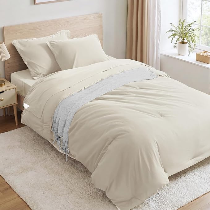 Anluoer Beige Twin Comforter Set 5 Pieces, Bed in a Bag with Sheets, All Season Bedding Sets with 1 Comforter, 1 Pillow Sham, 1 Pillowcase, 1 Flat Sheet, 1 Fitted Sheet