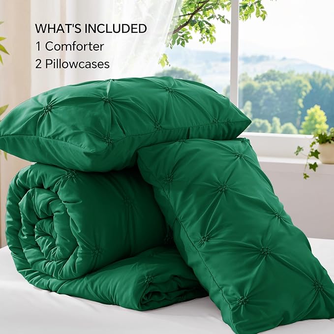 BEDELITE Forest Green Queen Comforter Set - 3 Pieces Boho Pintuck Bedding Comforter Sets, Lightweight Soft & Warm Bed Comforter Queen with 2 Pillowcases for All Season