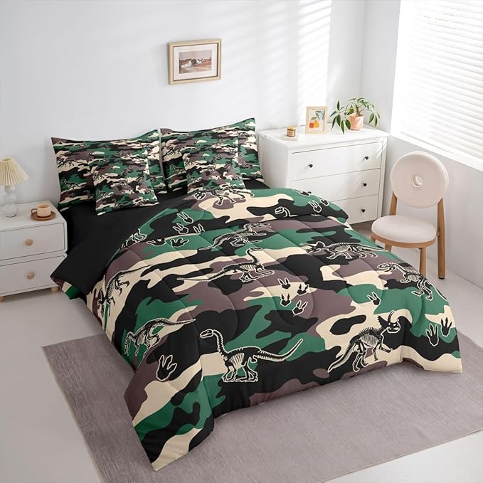 Erosebridal Army Camouflage 7 Piece Bedding Set Twin Camo Dino Comforter Set with Sheets 3D Vintage Hunting Theme Bed in a Bag Dinosaur Skeleton Farmhouse Green Bed Sets Comforter