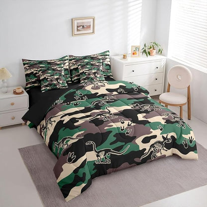 Erosebridal Army Camouflage 7 Piece Bedding Set Full Camo Dino Comforter Set with Sheets 3D Vintage Hunting Theme Bed in a Bag Dinosaur Skeleton Farmhouse Green Bed Sets Comforter
