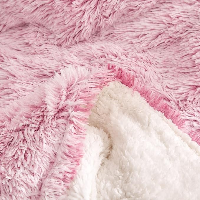 Luxury Faux Fur Shaggy Fluffy Comforter Set Full/Queen Size Mixed Old-Pink and White Long Hair, 3 Pieces Plush Flannel Sherpa Backing Reversible Soft Microfiber Bedding Set Super Warm for Winter