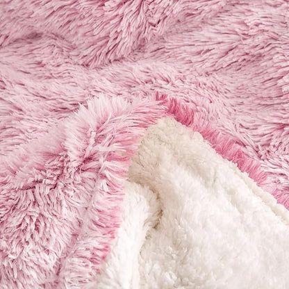Luxury Faux Fur Shaggy Fluffy Comforter Set Full/Queen Size Mixed Old-Pink and White Long Hair, 3 Pieces Plush Flannel Sherpa Backing Reversible Soft Microfiber Bedding Set Super Warm for Winter