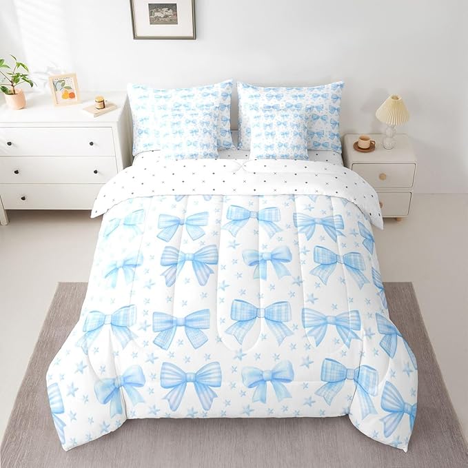 Erosebridal Kawaii Cute Girls Blue Bowknot Full Comforter Set 7 Pieces | Bow Kids Bed in A Bag for Bedroom Dreamy Bedding Set with Comforters Starry Princess Room Decor