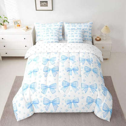 Erosebridal Kawaii Cute Girls Blue Bowknot 7 Piece Bedding Set Twin | Bow Kids Comforter Set with Sheets Dreamy Bed in A Bag Starry Princess Bed Sets