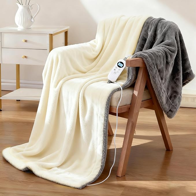 Electric Heated Blanket Throw 50" x 60" Soft Dual-Sided Flannel Fast Heating 12 Heat Levels 1–12H Timer & Overheat Protection & Auto Shut-Off & Machine Washable (Milky White & Gray)