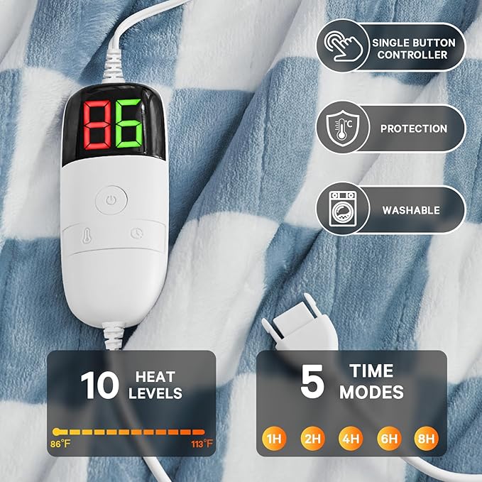 Heated Electric Blanket Throw, 50X60 Heating Blanket with 10 Heat Levels & 8 Hours Auto Off for Lap, Misty Blue Checkered Plaid Soft Sherpa Blankets Warmer Gifts for Couch Grandma Women Adults