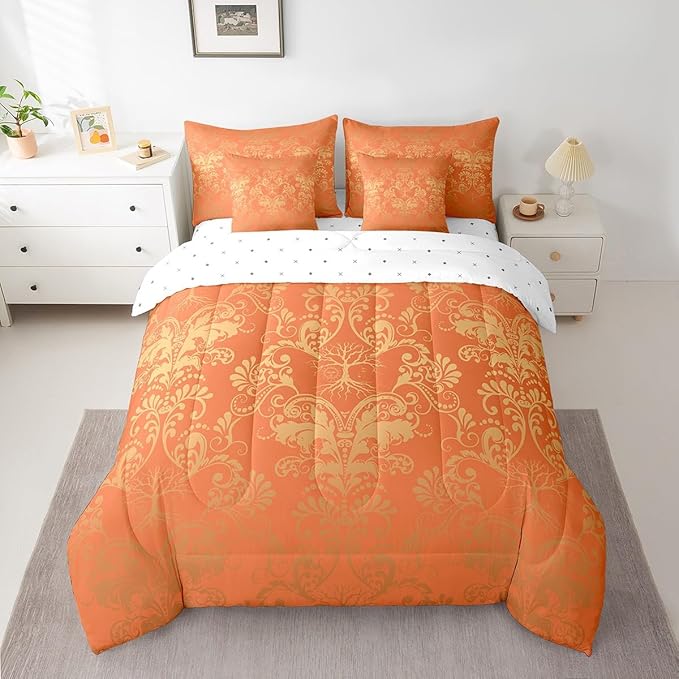 Erosebridal Gothic Damask Bed in a Bag King Size Comforter Set 7 Pieces,Sun Moon Tree of Life Bedding Sets Orange and Yellow Victorian Floral Goth Sheet Set with Comforter