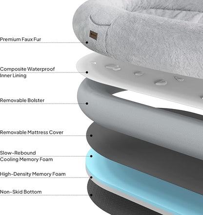 Human Dog Bed for Adults, 74"x50"x12" Giant Memory Foam Bed for Ultimate Comfort, Waterproof & Machine Washable Cover with Storage Pocket, Ideal for Sleep and Nap, Light Grey