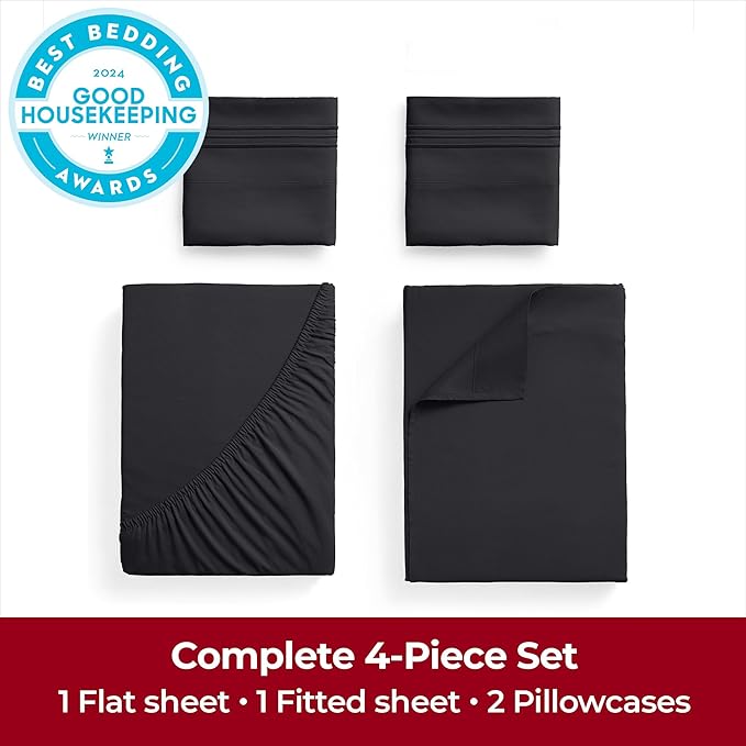 Mellanni Extra Deep Queen Sheets - 4 PC Iconic Collection Bedding - Hotel Luxury, Ultra Soft, Cooling Bed Sheets - Wrinkle, Fade, Stain Resistant (Queen, Black)