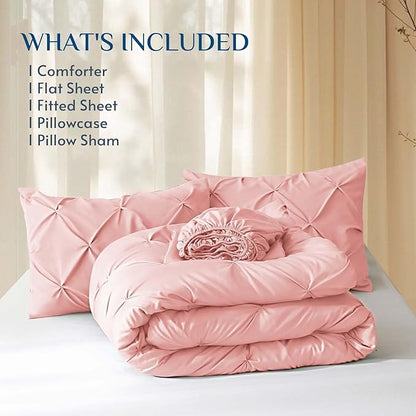 JOLLYVOGUE Twin XL Comforter Set 5 Pieces - Bed in a Bag Twin XL for All Season, Pintuck Bedding Comforter Sets with Comforter, Flat Sheet, Fitted Sheet and Pillowcases & Shams, Pink