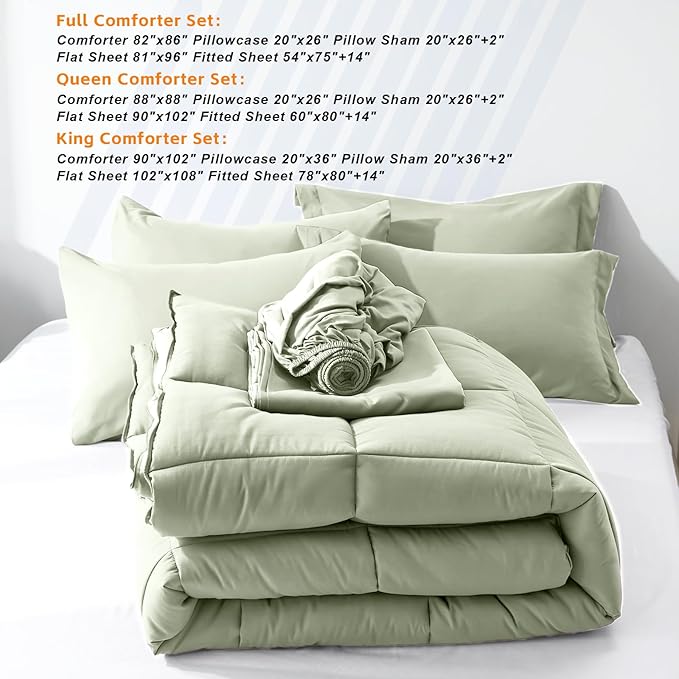 COZYART King Comforter Set 7 Pcs, Sage Green Bed in a Bag, All Season Lightweight Soft Reversible Bedding Set, 1 Comforter, 1 Flat Sheet, 1 Fitted Sheet, 2 Pillow Shams, 2 Pillowcases