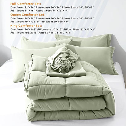 COZYART King Comforter Set 7 Pcs, Sage Green Bed in a Bag, All Season Lightweight Soft Reversible Bedding Set, 1 Comforter, 1 Flat Sheet, 1 Fitted Sheet, 2 Pillow Shams, 2 Pillowcases