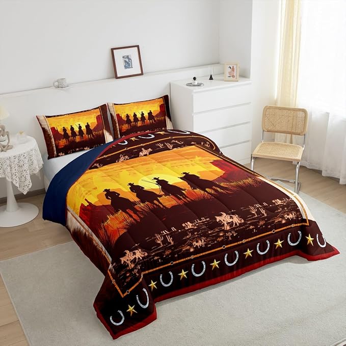 Feelyou Orange Western Decor Comforter King Size Wild Western Cowboy Comforter Set for Boys Girls Children Horse Setting Sun Bedding Set Room Decor Horseshoes West Texas Star Duvet Set 3Pcs