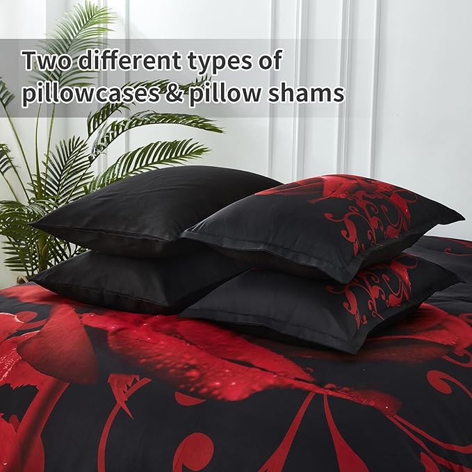 Red Comforter Set Queen 7 Piece Bed in a Bag Red Rose Flower Comforter with Sheet Set Soft Micorfiber Reversible Bedding Set (1 Comforter,2 Pillow Shams,1 Flat Sheet,1 Fitted Sheet,2 Pillowcases)