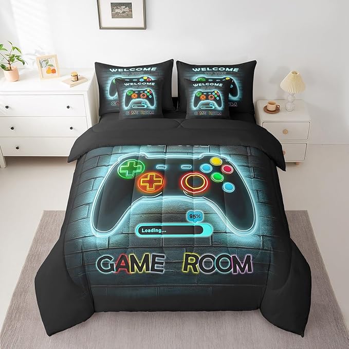 jejeloiu Teal Gamer Gaming 7 Piece Bedding Set Full Size for Boys Game Console Comforter Set with Sheets Kids Teens Neon Light Bed in a Bag Cool Game Room Decor Bed Set