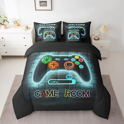 jejeloiu Teal Gamer Gaming 7 Piece Bedding Set Full Size for Boys Game Console Comforter Set with Sheets Kids Teens Neon Light Bed in a Bag Cool Game Room Decor Bed Set