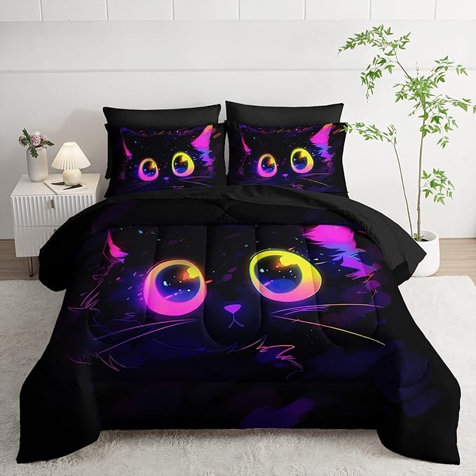 Cute Cat Kids Comforter Set King Size 7pcs Black in Dark 3D Digital Animals Printed Pattern Comforter Set for Kids Boys Girls Adults Animal Print Room Decor
